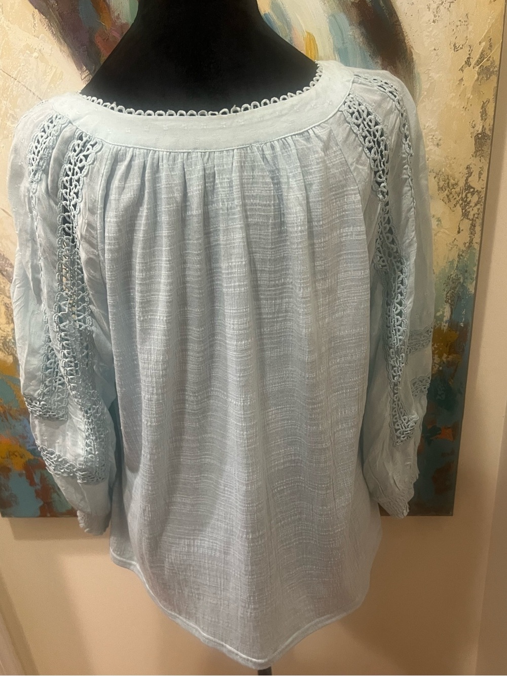Skies Are Blue M Light Blue Crochet Lace Boho Peasant Blouse Top - Picture 4 of 8